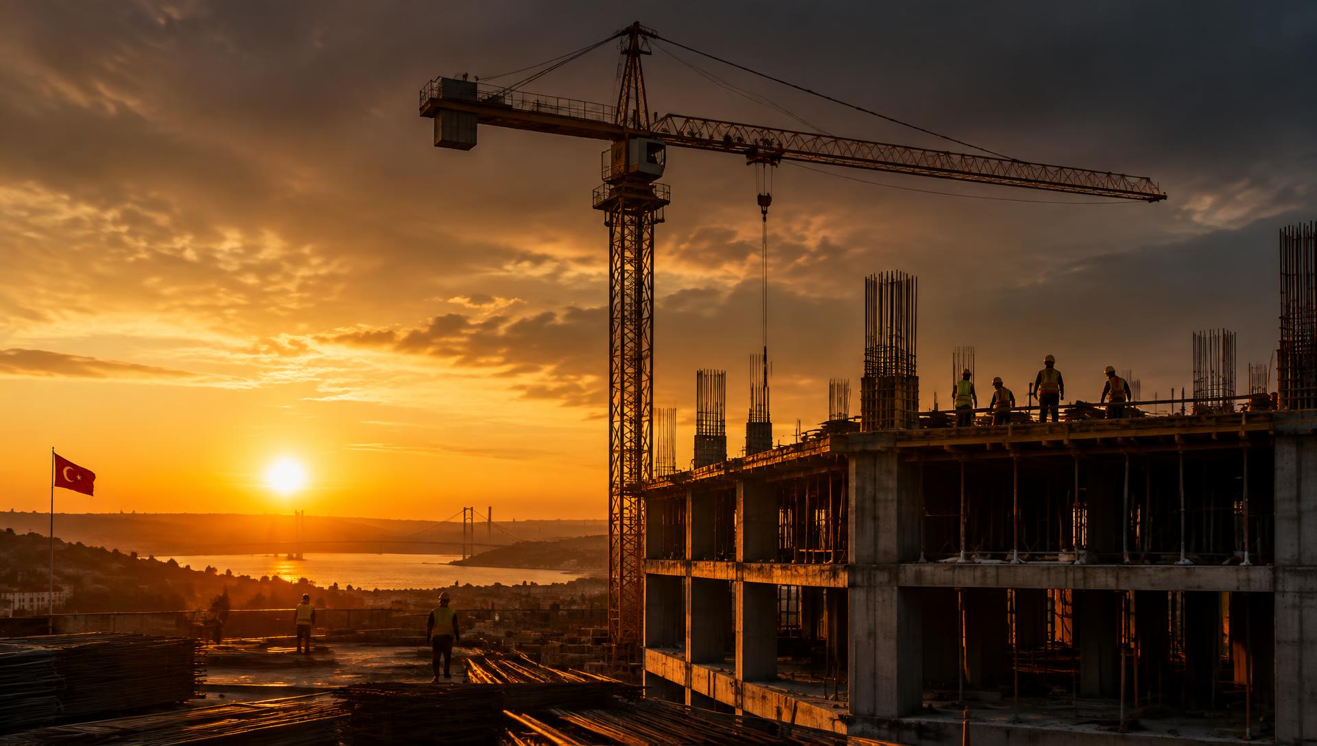Şantiyede gün batımı — vinç ve betonarme yapı